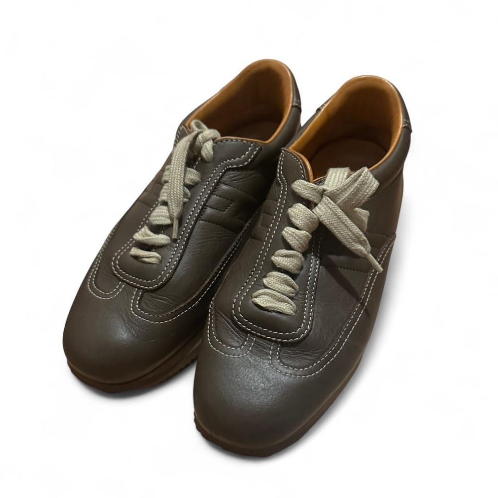 Hermes Brown Leather Sneakers with Cream Laces and Tan Interior